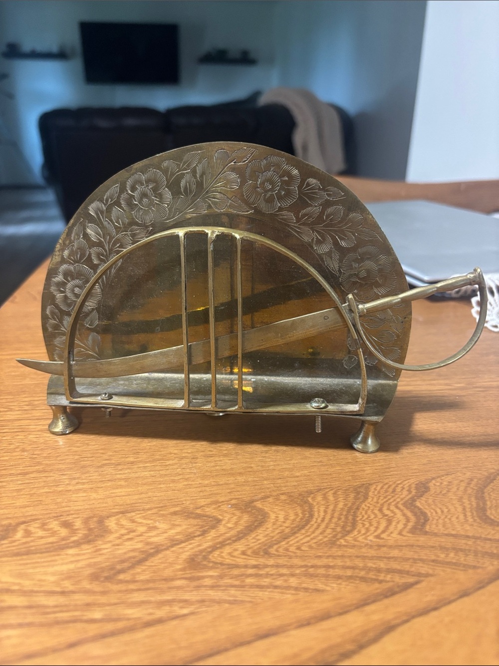 Vintage Brass Letter Holder & Sword Letter Opener – Engraved Floral Desk Set